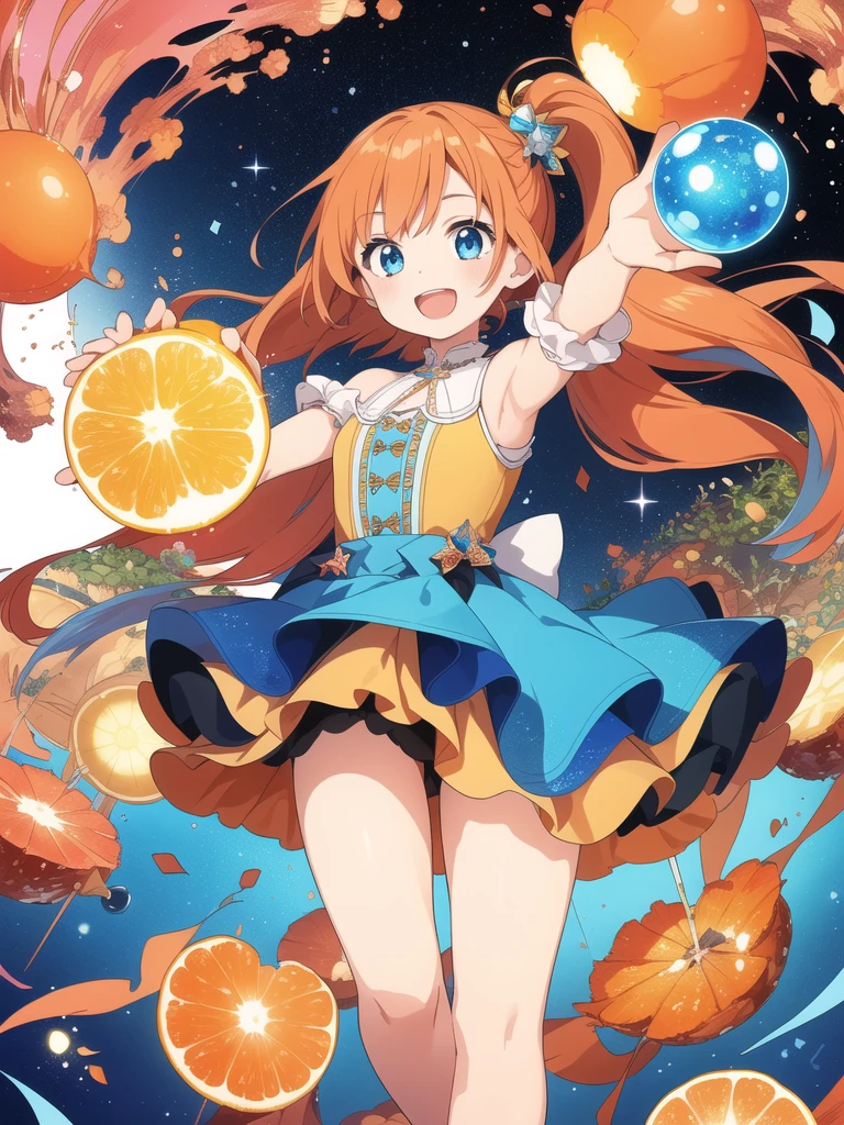 1girl,(((Highest quality、Masterpiece、Official Art、Dynamic composition、Super detailed、Perfect Anatomy)))、Orange and blue palette、happiness、Happiness、Creative new hairstyle、Unique clothing、Sparkling、