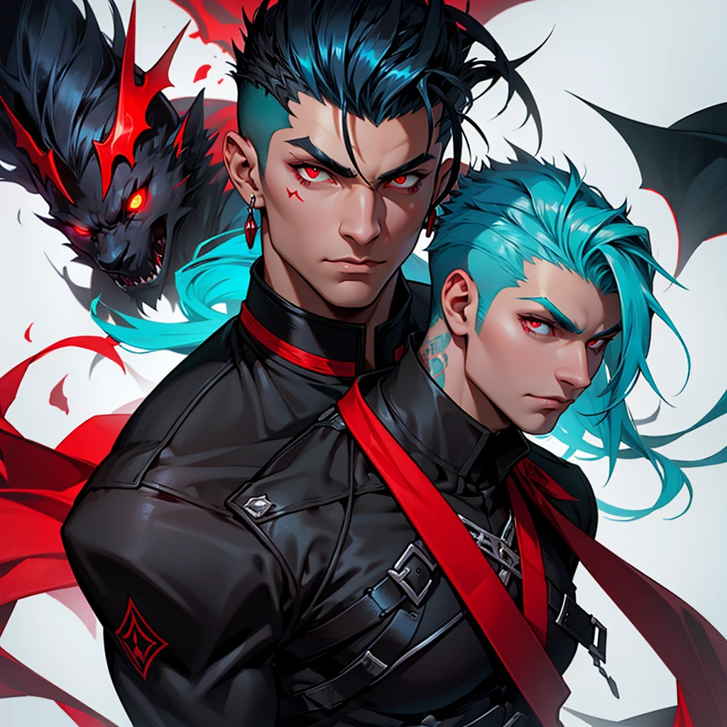 vampyre. cyan hair , shaved sides. Black and red eyes. persian warrior, Black general&#39;s outfit with cyan. Lonely. standing. Imagem full body.