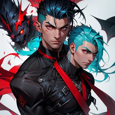 vampyre. cyan hair , shaved sides. black and red eyes. persian warrior, black general&#39;s outfit with cyan. lonely. standing. ...