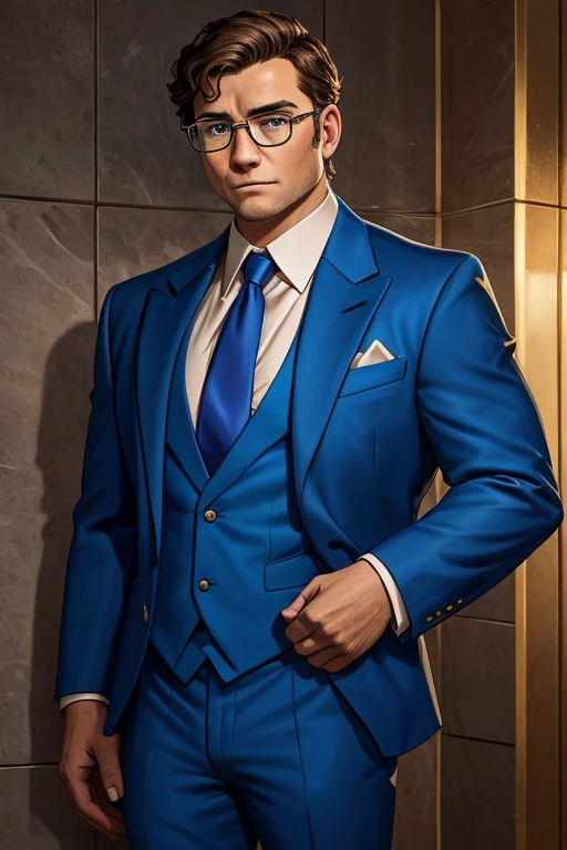 arafed man in a blue suit and tie standing in front of a wall with lights, professional picture, wearing a suit and glasses, album photo, blue gold suit, wearing suit and tie, brad, wearing a suit and tie, greg rutwoski, wearing a suit and a tie, matthew stewart, daniel mirante, transparent background