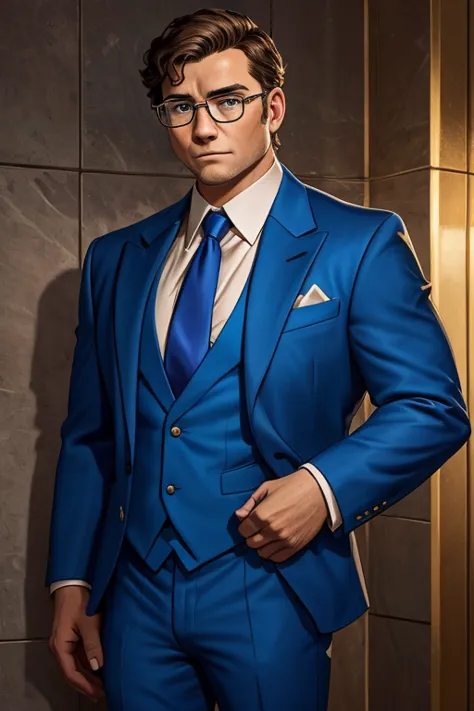 arafed man in a blue suit and tie standing in front of a wall with lights, professional picture, wearing a suit and glasses, alb...