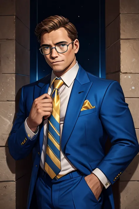 arafed man in a blue suit and tie standing in front of a wall with lights, professional picture, wearing a suit and glasses, alb...