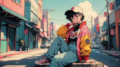 city pop , anime, manga,レトロanimeの,urban fashion,streetwear,90s vibe,colorful clothing,casual pose,bold accessories,graphic jacke...