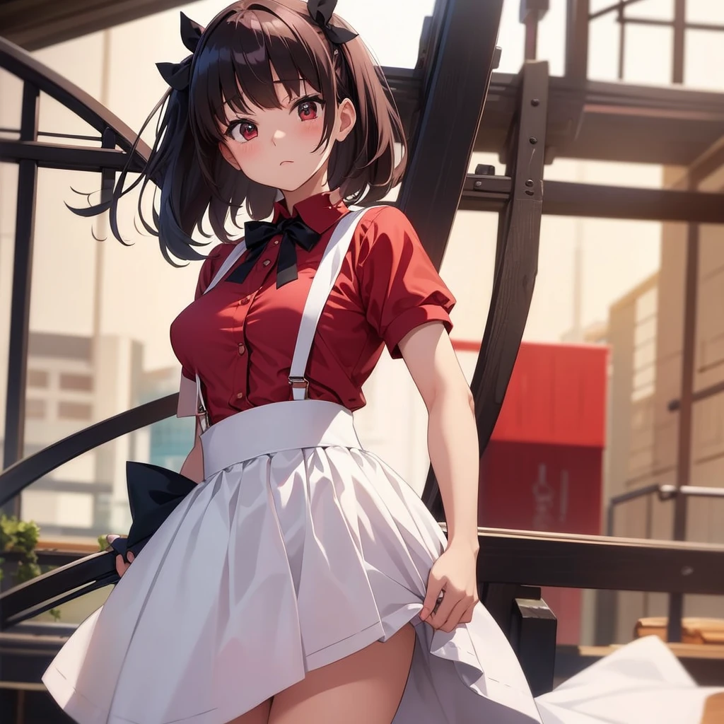 best quality, ame-chan, masterpiece, 1 Girl, Solitary, Small Breasts, Cowboy shooting, Suspenders, Red Shirts, Black Ribbon