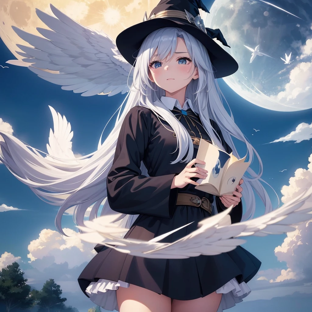 best quality, Very detailed, masterpiece, Extremely detailed, cloud, witch_have, have, 1 Girl, sky空, blue_sky空,sky, long_hair, cloudy_sky空, moon,bird, Solitary, silver_hair, witch, outdoor 