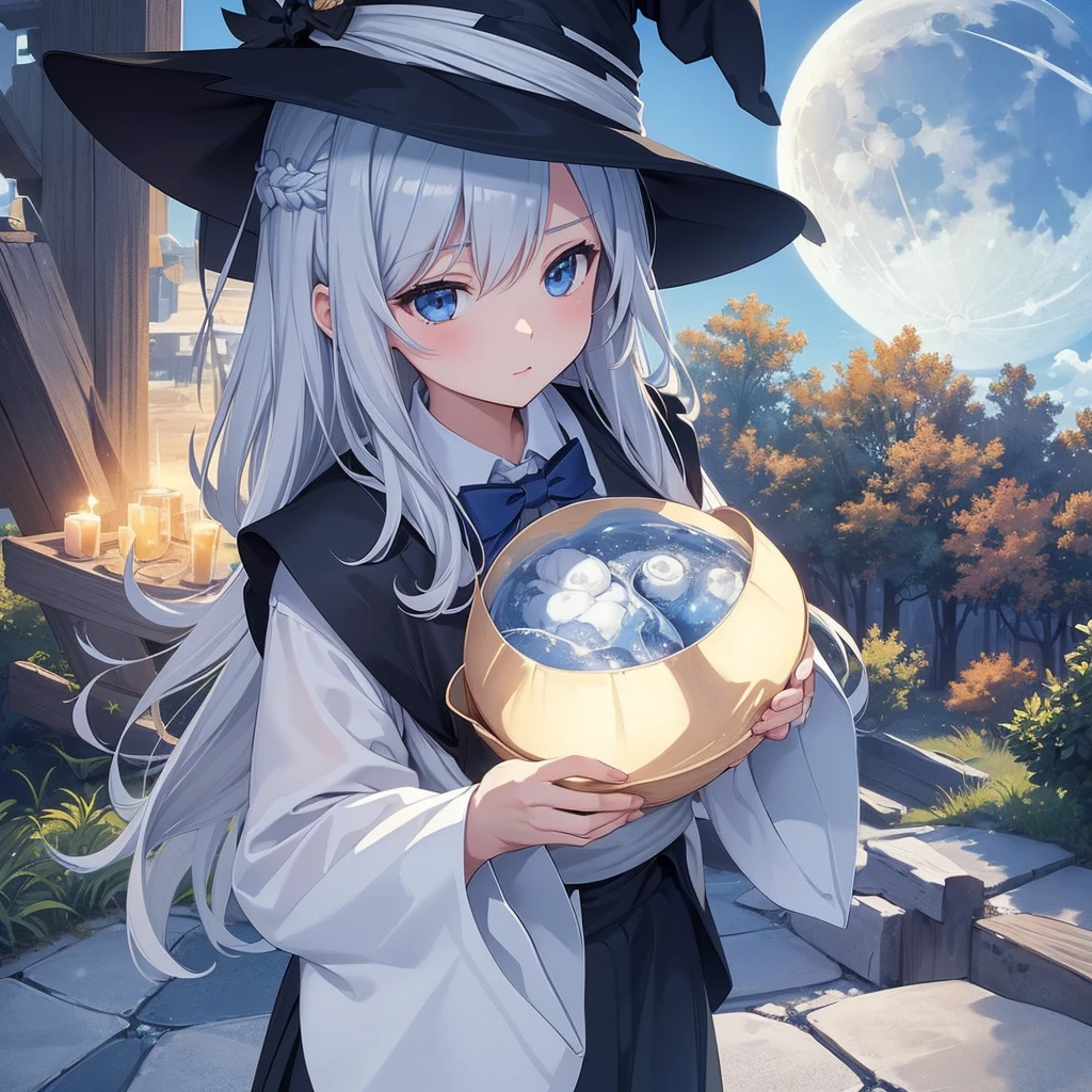 best quality, Very detailed, masterpiece, Extremely detailed, cloud, witch_have, have, 1 Girl, sky空, blue_sky空,sky, long_hair, cloudy_sky空, moon,bird, Solitary, silver_hair, witch, outdoor 