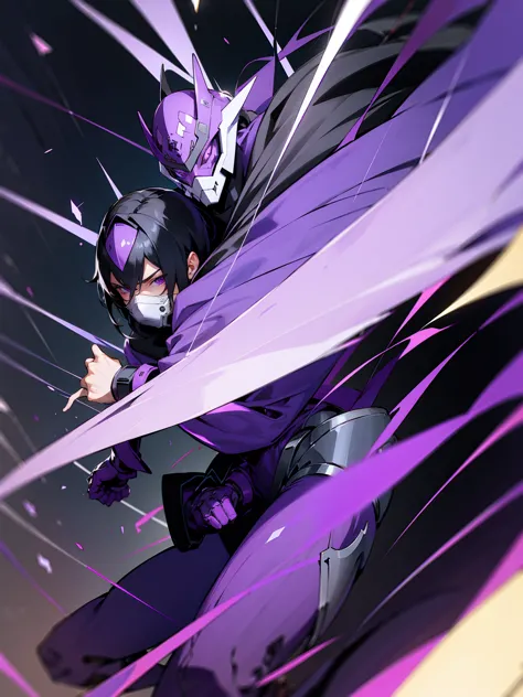 1male, black hair, purple visor, purple eyes, cloak, hood over head, robot mask, purple speed suit, tied to waist, facing viewer...