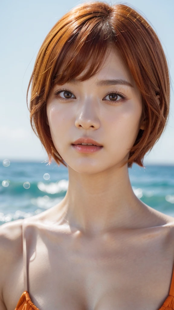 Model actress、One Woman、cool、Japanese and half European、Close-up of face、30 generation beauty、Realistic Skin、4K images、bright orange hair、Short Hair、Seaside