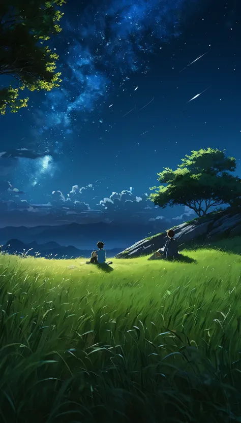 a boy sitting under a tree near a cliff in the grassland , seeing a vast night sky with fluffy clouds and brush strokes , tall g...