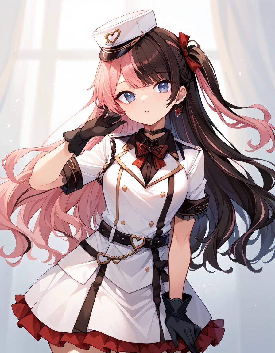 ((Highest quality))、(masterpiece)、(deep shadows)HinanoMilitary, two-tone hair, long hair, one side up, white hat, black choker, white uniform, red bowtie, short sleeves, black belt, white skirt, black gloves
