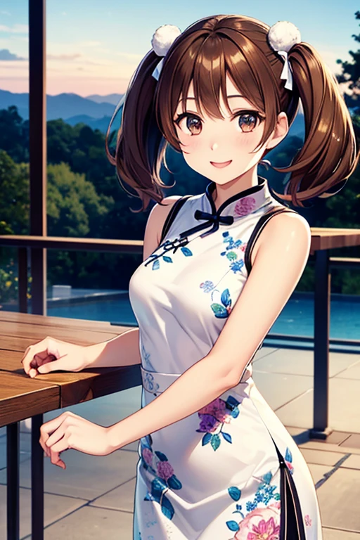 Yumi Fukuzawa、Shiny brown hair,Medium Hair, 、(( High Twintails、rabbit style)),Beautiful brown eyes、Sparkling eyes, fine grain、smile、Very fine eye、Very detailed顔, Very detailed目,Cowboy Shot、

(Photorealistic:1.4, 8k), 最high quality, masterpiece, 超High resolution, Perfect dynamic composition,最high quality, Very detailed, Very delicate and beautiful, High resolution, Very detailedCG, masterpiece,

 
((Browsing Caution)),masterpiece, high quality, Beautiful girl, Very short stature，，She is wearing a white sleeveless mini Chinese dress with floral print, Smiling Kindly, , Perfect Face, Perfect hands, The background is a bright cafe，summer night，Sunset sun，