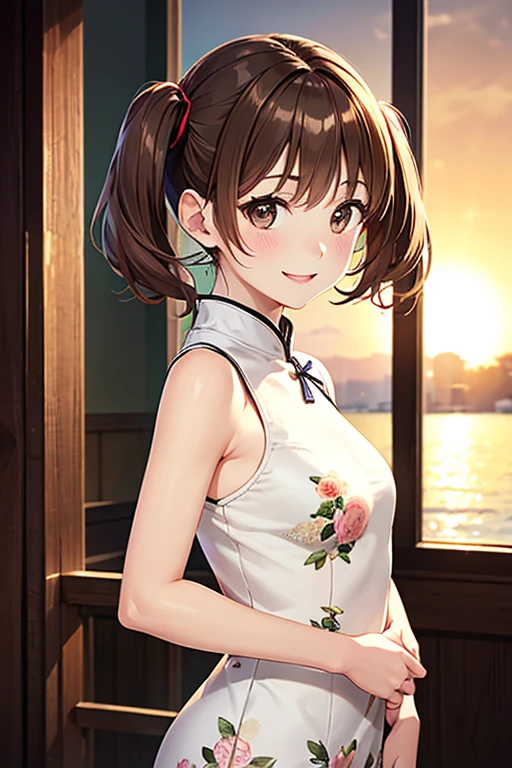 Yumi Fukuzawa、Shiny brown hair,Medium Hair, 、(( High Twintails、rabbit style)),Beautiful brown eyes、Sparkling eyes, fine grain、smile、Very fine eye、Very detailed顔, Very detailed目,Cowboy Shot、

(Photorealistic:1.4, 8k), 最high quality, masterpiece, 超High resolution, Perfect dynamic composition,最high quality, Very detailed, Very delicate and beautiful, High resolution, Very detailedCG, masterpiece,

 
((Browsing Caution)),masterpiece, high quality, Beautiful girl, Very short stature，，She is wearing a white sleeveless mini Chinese dress with floral print, Smiling Kindly, , Perfect Face, Perfect hands, The background is a bright cafe，summer night，Sunset sun，