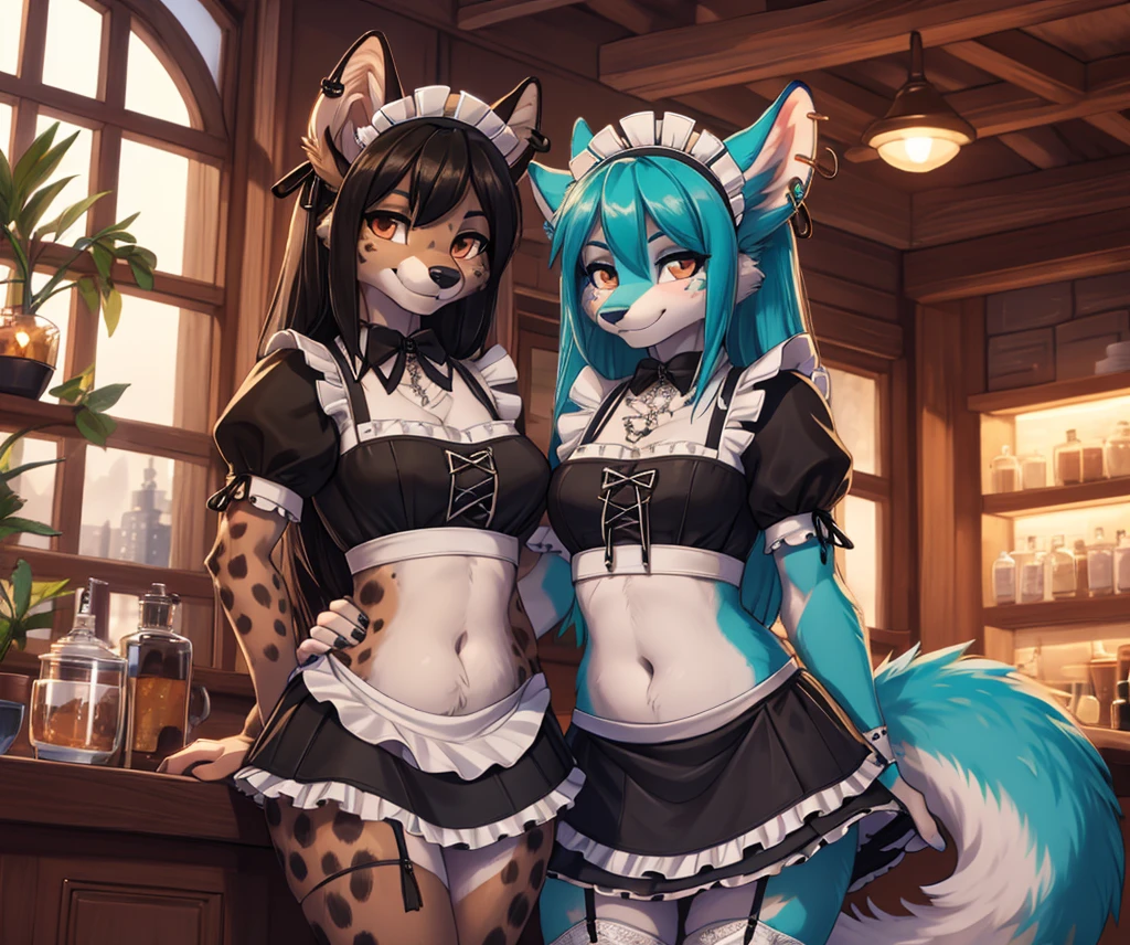 2 girls imagen, firts girl, Miku Hatsune, add high definition_detail:1, blue fur,kitsune ears, tribal tattoo add_detail:1, posing during a full moon showing off her beautiful figure and her outfit. (Maid lingerie, maid mini skirt)sweaty body add_details:1, smiling add_detailsl:1, ear piercing add_detail:1.  Second girl is a female anthro furry hyena girl, black hair, hyena spots, black hands and feet, brown eyes, high definition_detail:1, showing off her beautiful figure and her outfit. (Maid navel blouse, maid mini skirt)sweaty body add_details:1, smiling add_detailsl:1, ear piercing add_detail:1, beautiful and detaileds hands.  Both girls in a coffeshop 