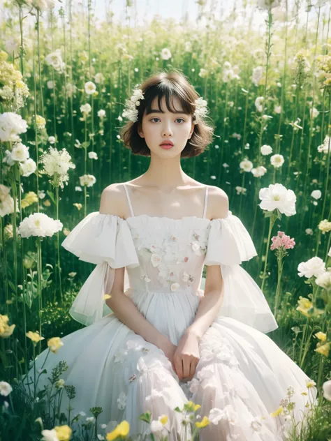 alfid woman wearing a white dress sitting in a flower field, alexander mcqueen's digital art, douban, aestheticism, dior adverti...