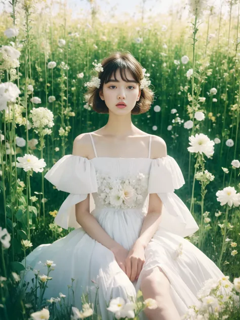 alfid woman wearing a white dress sitting in a flower field, alexander mcqueen's digital art, douban, aestheticism, dior adverti...