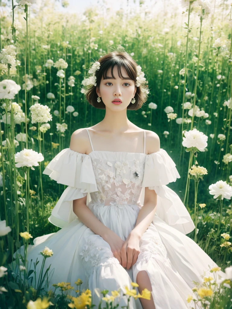 Alfid woman wearing a white dress sitting in a flower field, Alexander McQueen's digital art, Douban, Aestheticism, Dior Advertising Campaign, Tim Walker's style, Dior Official Editorial, Dior magazine editorial, Tim Walker, Givenchy Official Editorial, Nick Knight, Image from《Fashion》Magazine, Valentino official editorial, 《Fashion》Official editorial, Nicole wearing a white dress, Fashion社論