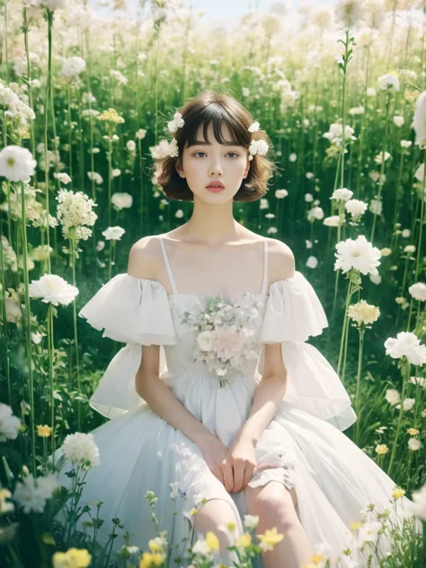 alfid woman wearing a white dress sitting in a flower field, alexander mcqueen's digital art, douban, aestheticism, dior adverti...