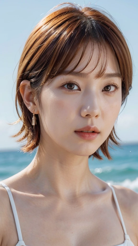 Model actress、One Woman、cool、Japanese and half European、Close-up of face、30 generation beauty、Realistic Skin、4K images、bright orange hair、Short Hair、Seaside