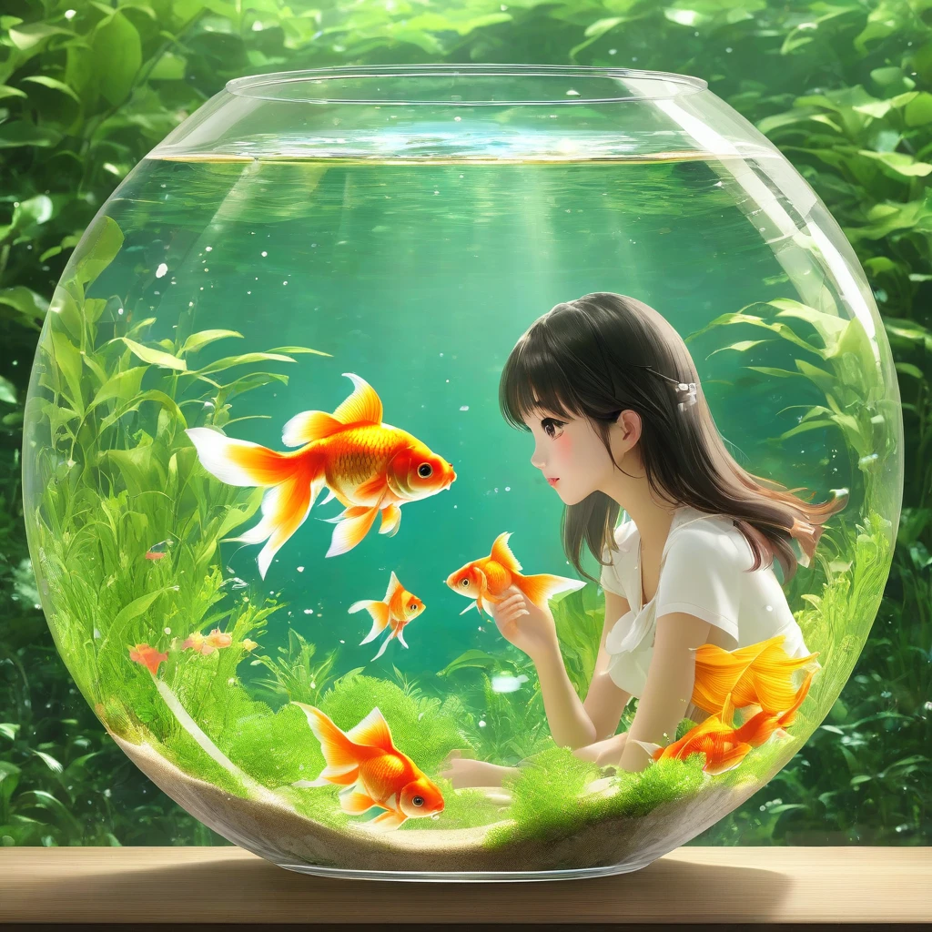 Goldfish in a round glass fishbowl３There are。
A girl looking at it
