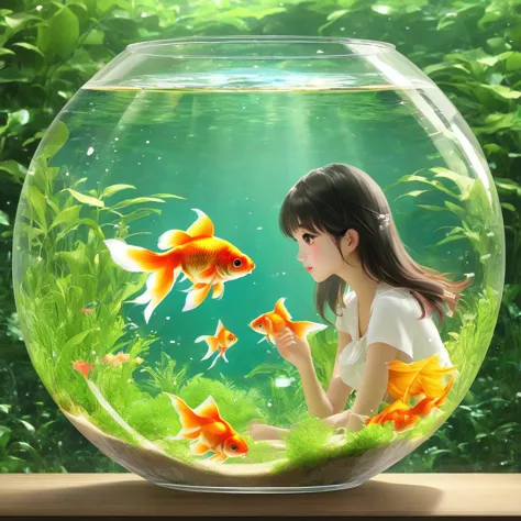 goldfish in a round glass fishbowl３there are。
a girl looking at it