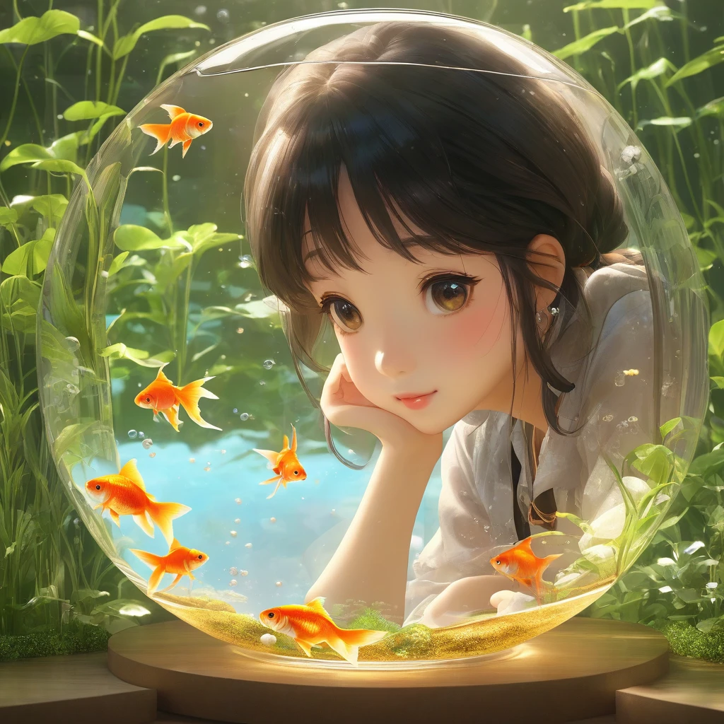 Goldfish in a round glass fishbowl３There are。
A girl looking at it
