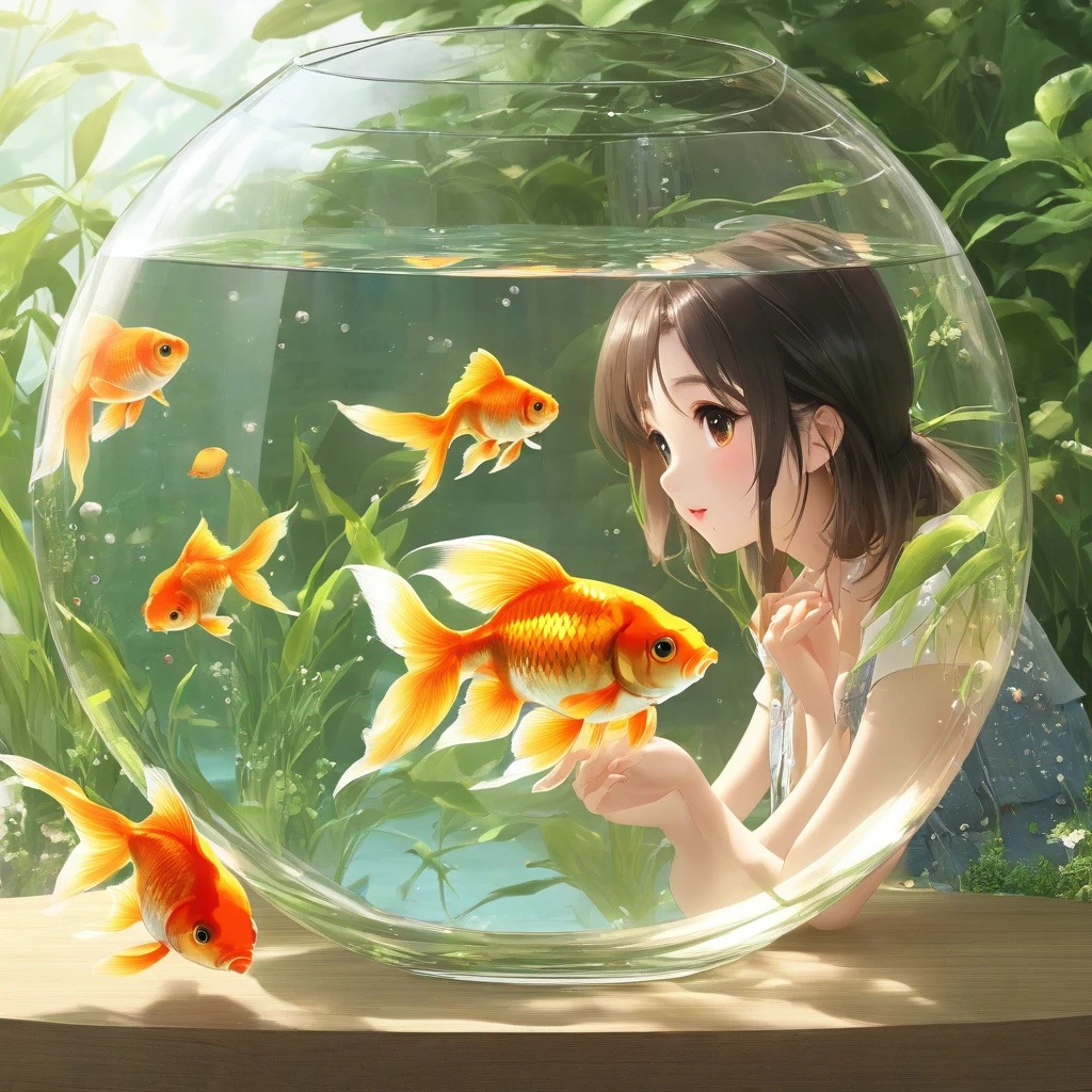 Goldfish in a round glass fishbowl３There are。
A girl looking at it
