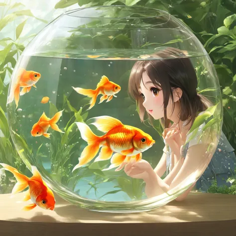 goldfish in a round glass fishbowl３there are。
a girl looking at it