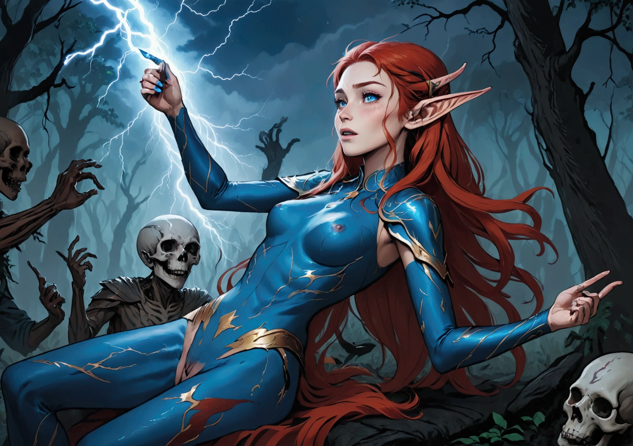 waving hair with blue streaks, crying lightning bolts and holding the dead body of a red-haired elf 