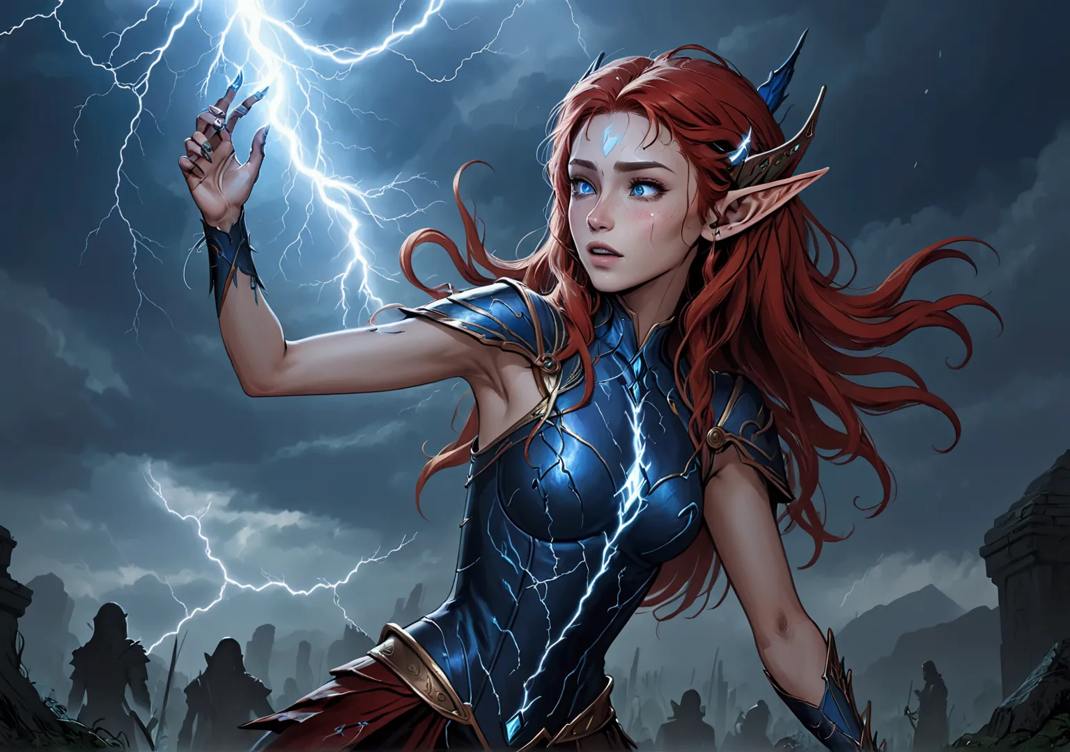 waving hair with blue streaks, crying lightning bolts and holding the dead body of a red-haired elf