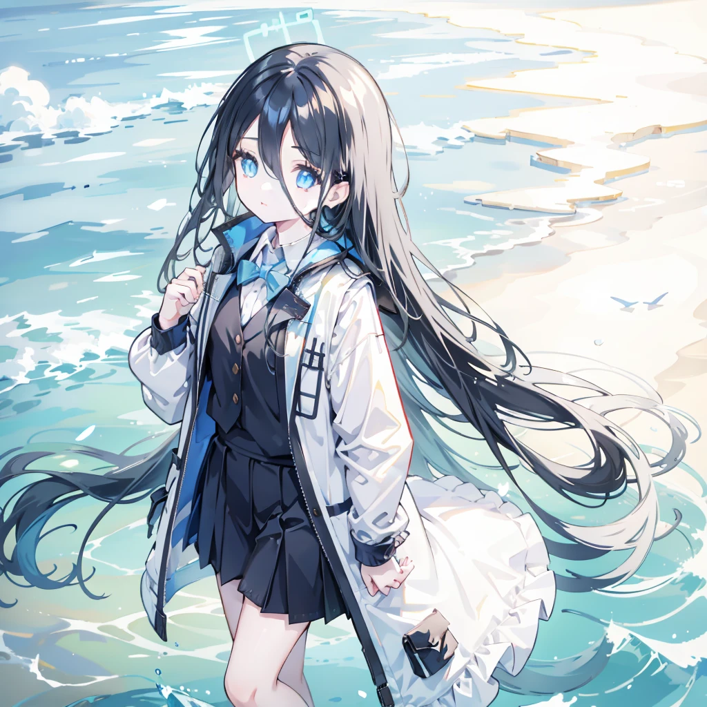 a young man with long Black Hair and a vest on standing in front of the ocean with a blue sky空, (1 Girl:0.955), (Bangs:0.575), (black eyes:0.572), (Black Hair:0.709), (blue sky空:0.985), (Shut up:0.536), (cloud:0.927), (sky:0.980), (horizon:0.816), (Japanese clothes:0.511), (Lips:0.7), (Long hair:0.775), (Looking at the audience:0.811), (nose:0.534), (ocean:0.950), (outdoor:0.734), (Practical:0.814), (sky空:0.988), (Solitary:0.937), (Upper Body:0.557), (water:0.600)