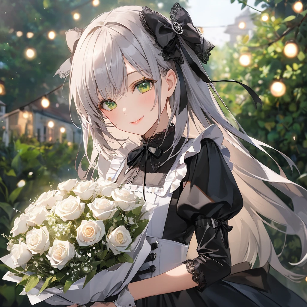 (digital art:1.3),(top-quality),(masuter piece),(4k),(perfect anatomy),Delicately drawn face,girl with a pretty face,beautiful detailed green eyes,((holding a bouquet of white roses)),,Gothic Lolita Fashion,((Black and white costume)),(Beautiful silky silver hair:1.2),black ribbon hair ornament,smiling elegantly,Film Lighting,(in a garden where white roses bloom),cowboy shot,The background is soft and blurry, Bokeh, Silky to the touch, Hyper Detail