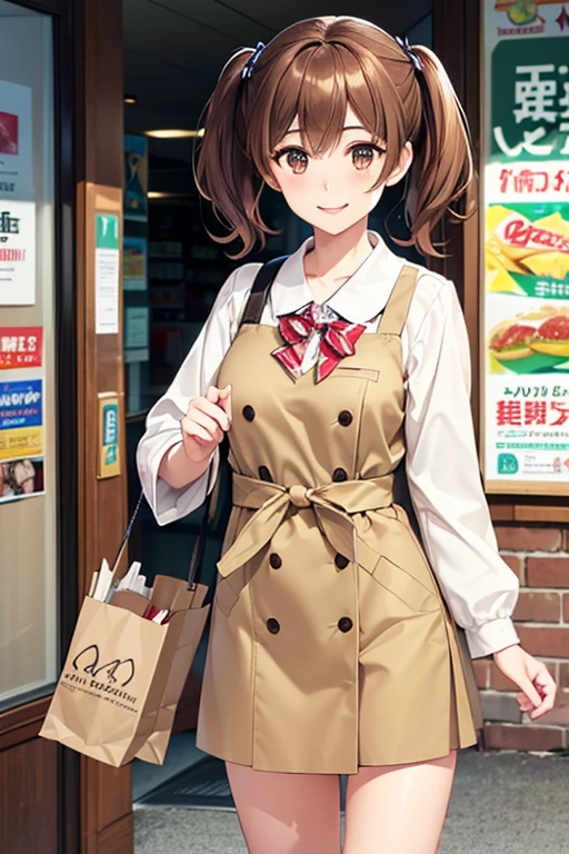 Yumi Fukuzawa、Shiny brown hair,Medium Hair, 、(( High Twintails、rabbit style)),Beautiful brown eyes、Sparkling eyes, fine grain、smile、Very fine eye、Very detailed顔, Very detailed目,Cowboy Shot、

(Photorealistic:1.4, 8k), Highest quality, masterpiece, 超High resolution, Perfect dynamic composition,Highest quality, Very detailed, Very delicate and beautiful, High resolution, Very detailedCG, masterpiece,

 
((Browsing Caution)),Highest quality, In-store pop, , Fast food restaurant, McDonald&#39;s, hamburger, Sparkling, Create amazing image effects, cash register, Full body close-up,
 (Cute sexy girl,  Sexy long legs, hamburgerショップの店員, Sensual expression, Are you okay, Active, smile, cash registerで接客, paper bag, , , hamburgerショップのUniform, Store clerk uniform, hamburgerショップ店員の帽子をかぶる,  )