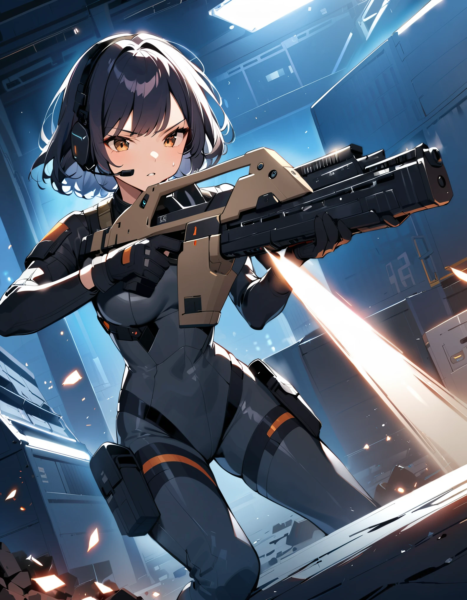 1girl, solo, short hair, black hair, brown eyes, skintight, astronaut, black leatord, tactical gear, gloves, headset, sweat, serious expression, holding gun, m41apls, aiming, trigger discipline, dutch angle, indoors, warehouse, dark, night, debris, backlighting, new york backdrop, smoke, best quality, masterpiece, alien creature behind her.