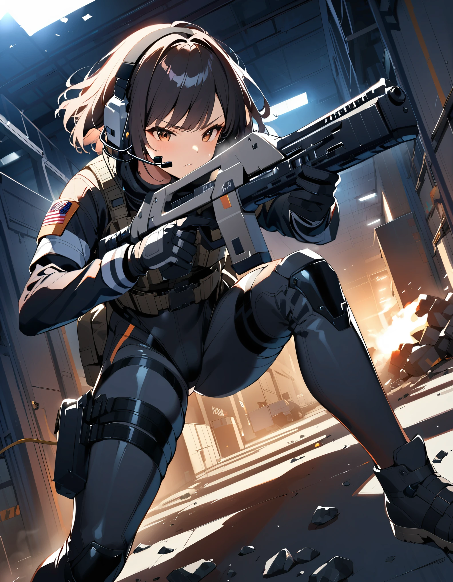 1girl, solo, short hair, black hair, brown eyes, skintight, astronaut, black leatord, tactical gear, gloves, headset, sweat, serious expression, holding gun, m41apls, aiming, trigger discipline, dutch angle, indoors, warehouse, dark, night, debris, backlighting, new york backdrop, smoke, best quality, masterpiece, alien creature behind her.