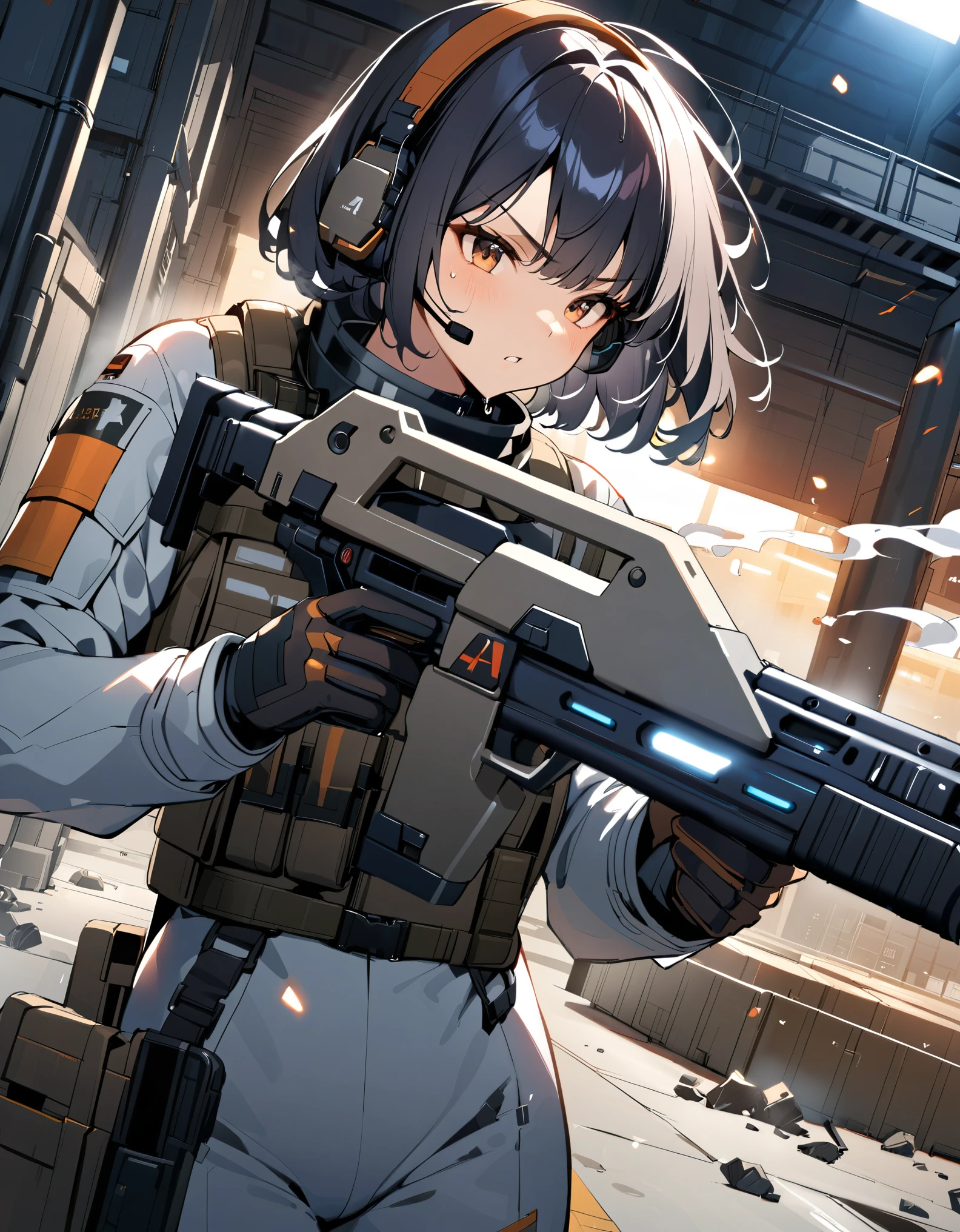 1girl, solo, short hair, black hair, brown eyes, skintight, astronaut, black leatord, tactical gear, gloves, headset, sweat, serious expression, holding gun, m41apls, aiming, trigger discipline, dutch angle, indoors, warehouse, dark, night, debris, backlighting, new york backdrop, smoke, best quality, masterpiece, alien creature behind her.