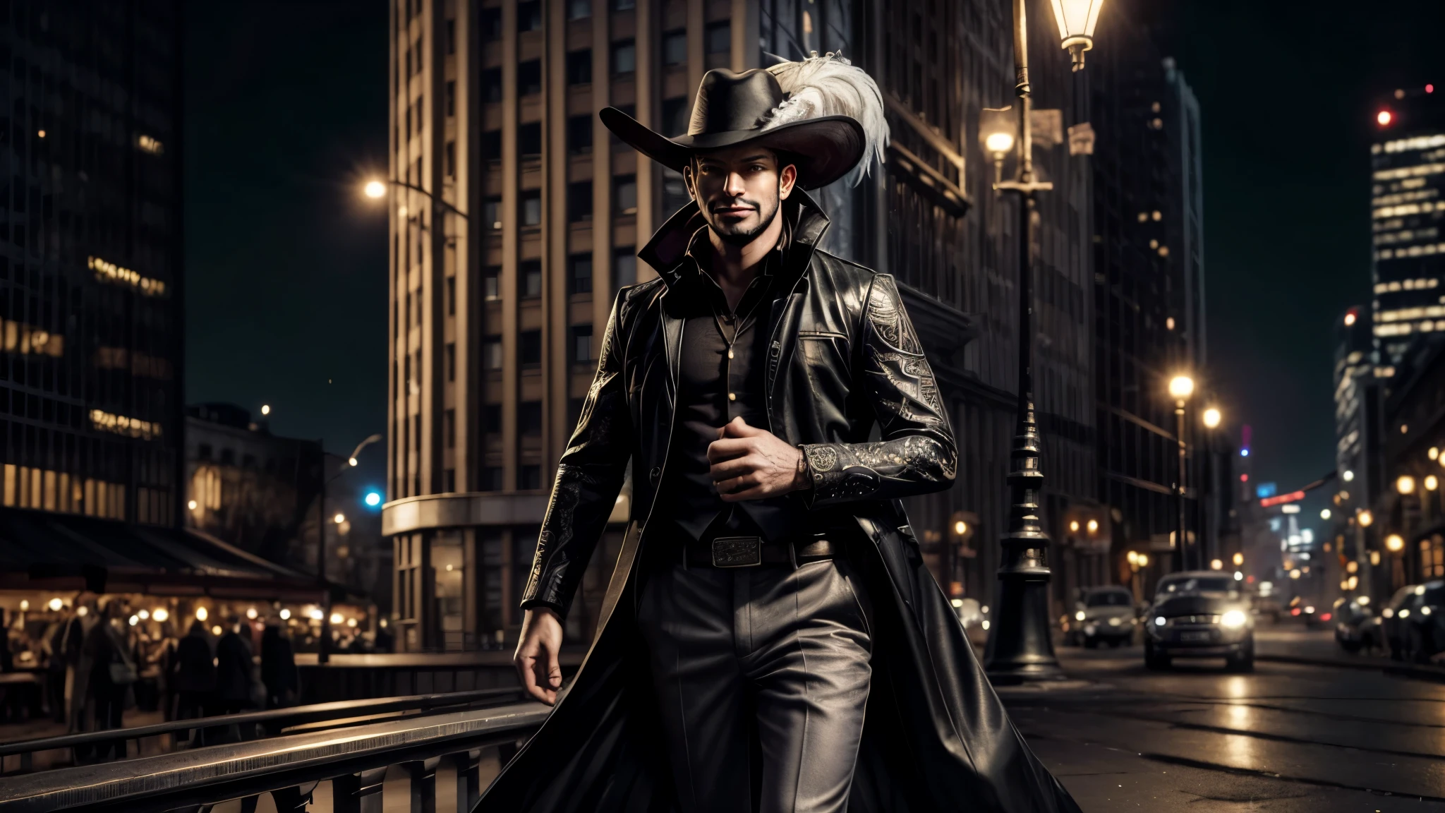 masterpiece, best quality, extremely detailed, hyperrealistic, photorealistic, a cool 40s man, ultra detailed face:1.2, black hat with feathers, cityscape, business district, in the night, walking, laughing