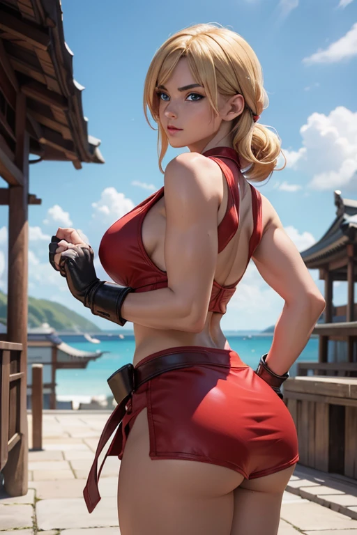 Ken Masters de Street Fighter versión mujer, sexy girl, beautiful face, poderosa, traje sexy de artes marciales color rojo, young, skynny body, small and beautiful buttocks, toned abdomen, beautiful breasts, obscene, sensual, esta en el muelle de embarcaciones de Japón, dramatic background, esta rodeada de fuego, partículas de fuego la rodean, energia ardiente, ella esta dando una patada al aire, ella esta entrenando karate, sensual look, beautiful blue eyes, classic hairstyle,Hair dyed in bright blonde color, best quality,4k,8k,A high resolution,masterpiece,ultra detailed,Realistic, Photorealistic,photo realistic, ultra realista 