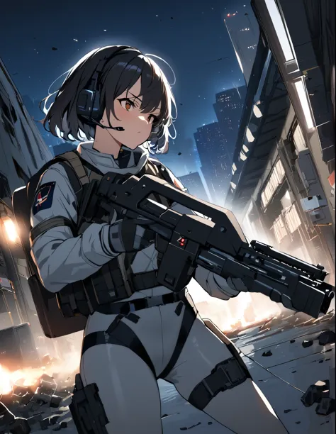 1girl, solo, short hair, black hair, brown eyes, skintight, astronaut, black leatord, tactical gear, gloves, headset, sweat, ser...