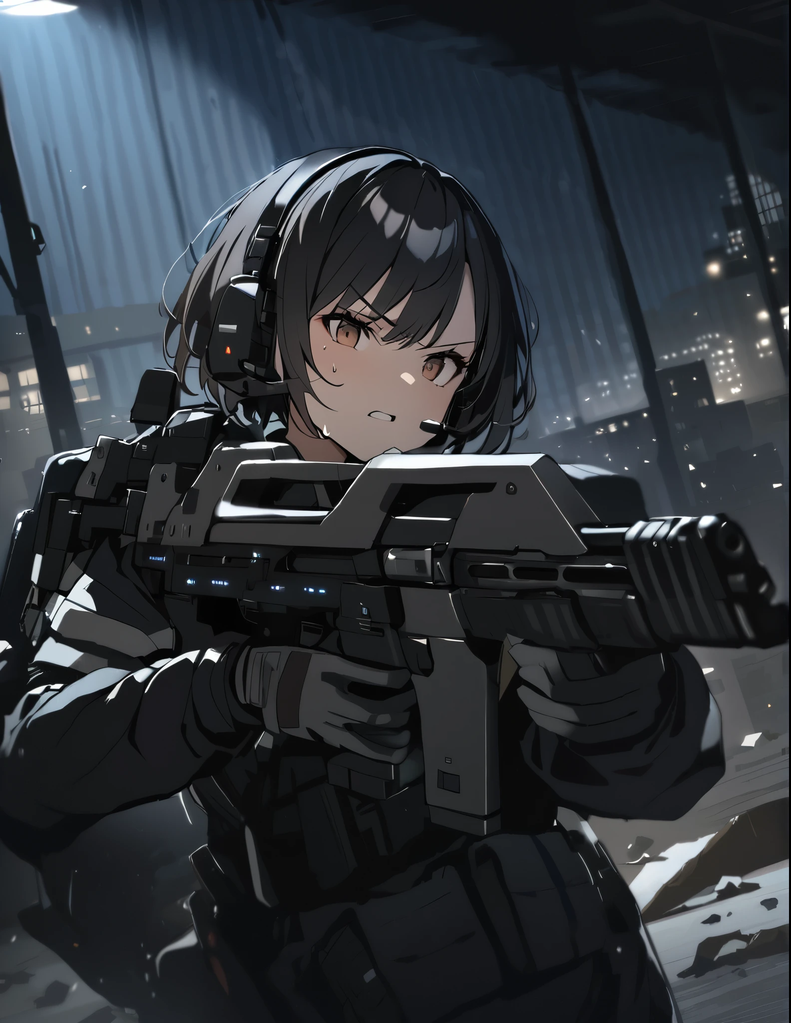 1girl, solo, short hair, black hair, brown eyes, skintight, astronaut, black leatord, tactical gear, gloves, headset, sweat, serious expression, holding gun, m41apls, aiming, trigger discipline, dutch angle, indoors, warehouse, dark, night, debris, backlighting, new york backdrop, smoke, best quality, masterpiece, alien creature behind her.