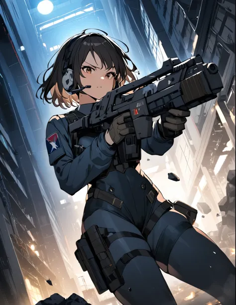 1girl, solo, short hair, black hair, brown eyes, skintight, astronaut, black leatord, tactical gear, gloves, headset, sweat, ser...