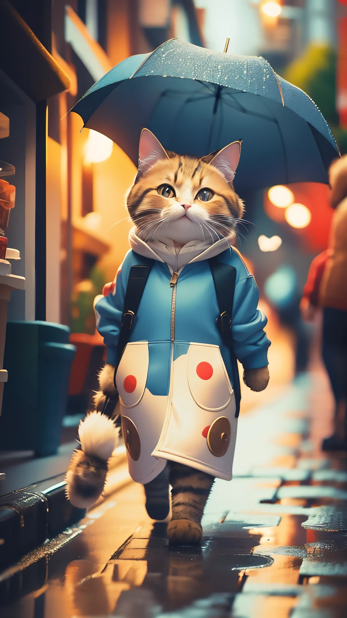 Fluffy brown cat, Very detailed cat and fur, Wearing a blue and red hoodie,Walking around the city with an umbrella in hand, Highly detailed images, Kodak 400, Atmospheric light, 50mm lens