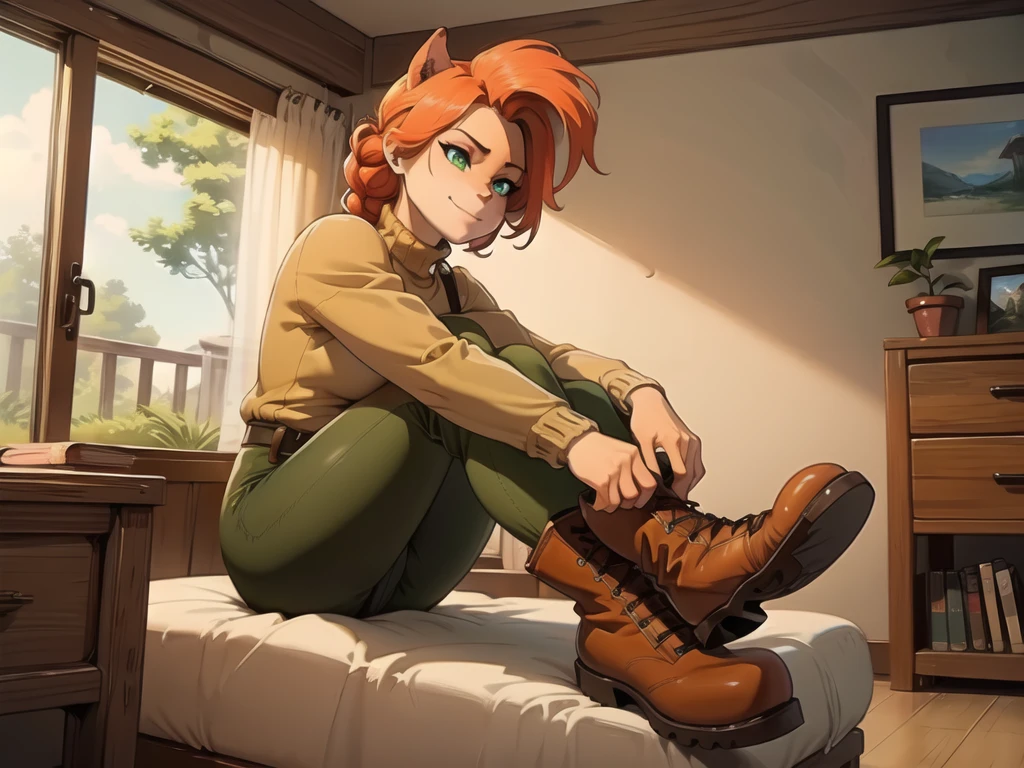 (best quality,4k,8k,highres,masterpiece:1.2),ultra-detailed,realistic:1.37,portrait,anthro bandicoot girl redhead, braided hair, beautiful green eyes, relaxing moment, sexy ,seductive, warm sweater, camouflage pants, army boots, smirking, cozy lighting, vibrant colors , girl anthro , sweater, camouflage pants, army boots, hands to boots