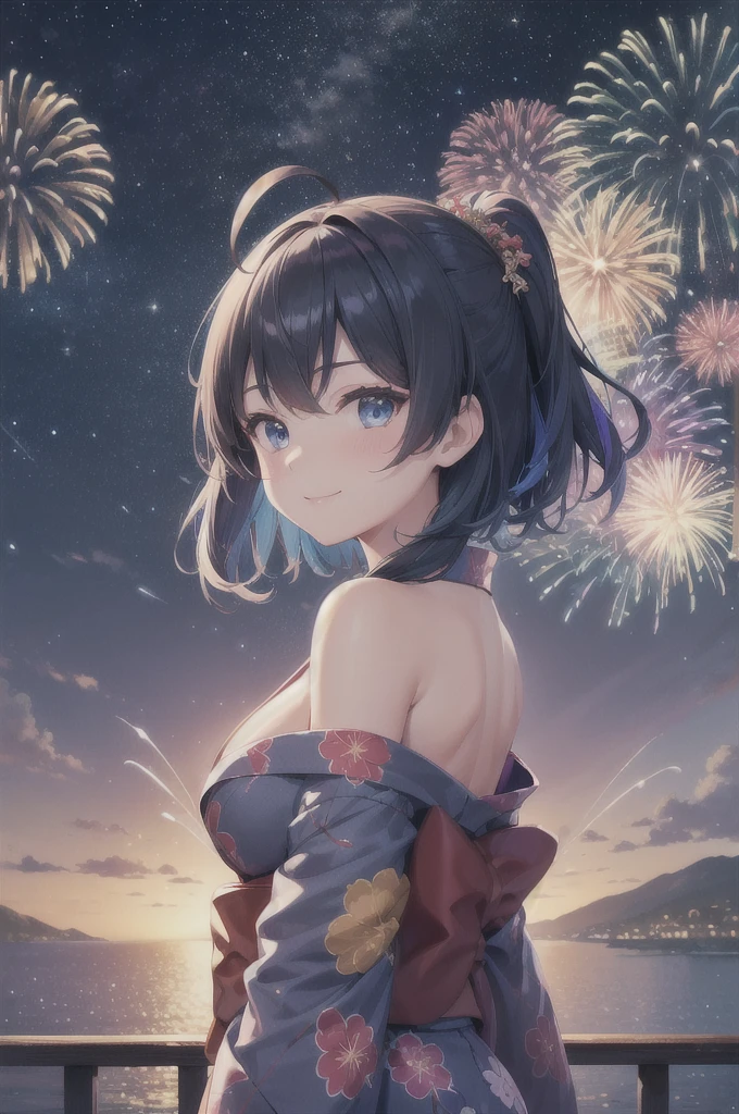 masterpiece, best quality, ultra detailed, highres, extremely detailed CG unity 8k wallpaper, perfect lighting,  very detailed background, beautiful and aesthetic,sharp focus, perfect face, dynamic pose, dynamic angle,
1girl, upper body, (portrait:1.1), multicolored yukata, kanzashi, looking at viewer,  full-face blush, from side, from below, smile,
night, dark sky, misty lake, mountainous horizon, break,aerial fireworks,  (Full of sky fireworks:1.2),
Shoulder Bare、Off the shoulder
short hair,anna yanami、白い肌、yanami anna, medium hair, ahoge, middium breasts,blue hair,blue eyes