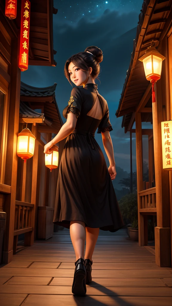 Chinese comic style, full body, beautiful noblewoman, jade hairpin in her hair, side-swept bun, beautiful and charming face, pure and fresh appearance. princess in a black dress,  holding a lantern walking at night, behind is a wooden veranda pavilion, it&#39;s dark, shining stars, white flowers falling all over the courtyard, the distant scenery is an archway, tường thành cũ, mang giày trắng thêu hoa