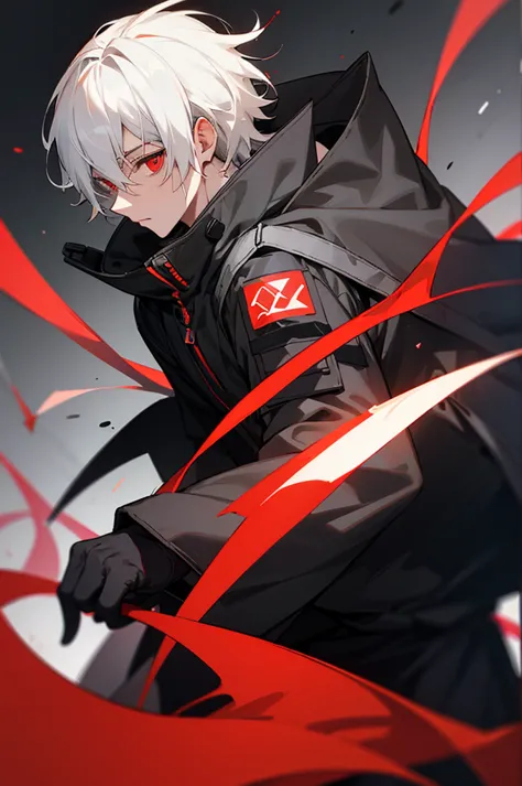 male, young adult, white hair, red eyes, black and gray jumpsuit, sos logo, goggles, perfect quality.