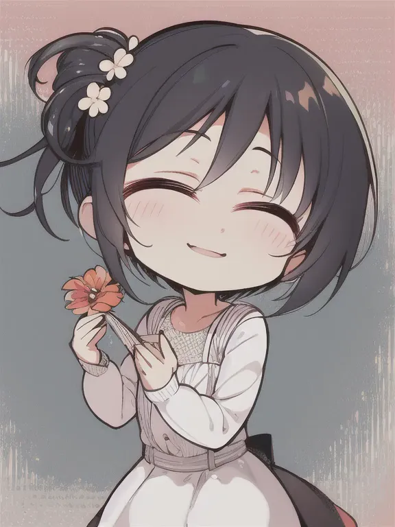 masterpiece, best quality, 1 girl, alone, blush, smile, short_hair, open_boca, negro_hair, hair_ornament, closed_eyes, flower, f...