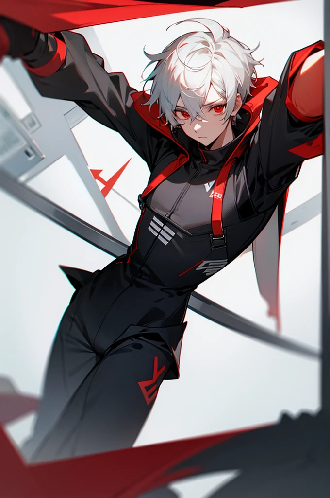 male, young adult, White Hair, Red eyes, Black and gray jumpsuit, SOS Logo, goggles, Perfect quality.