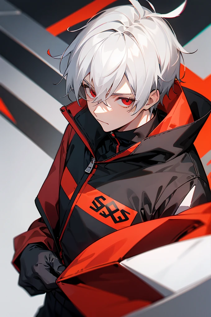 male, young adult, White Hair, Red eyes, Black and gray jumpsuit, SOS Logo, goggles, Perfect quality.