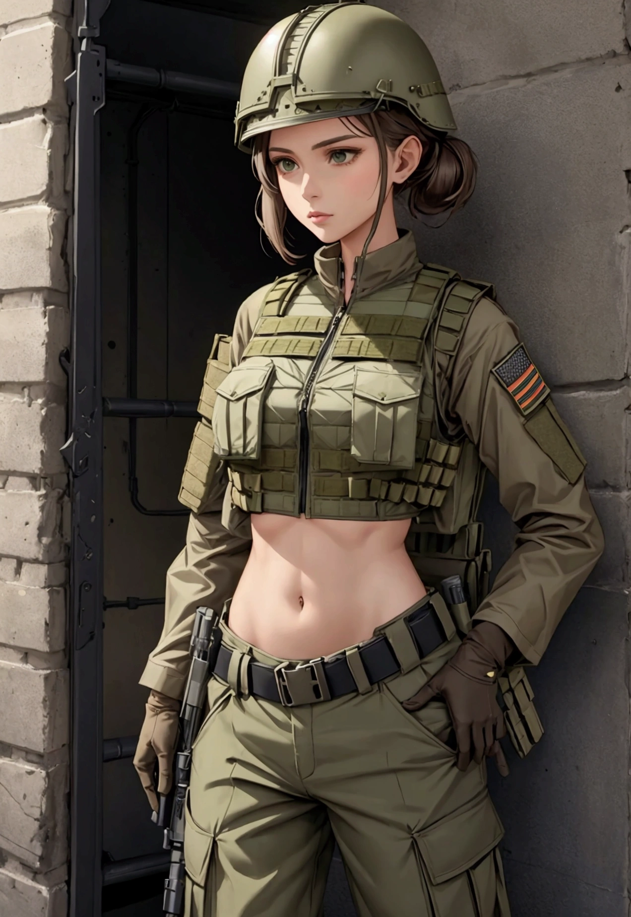 Women in crop top military bulletproof vest , military green cargo pants, belt, military helmet, tactical, (open navel), 