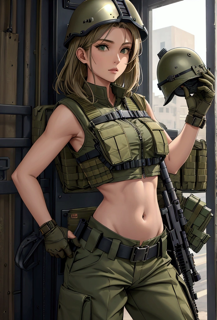 Women in crop top military bulletproof vest , military green cargo pants, belt, military helmet, tactical, (open navel), 